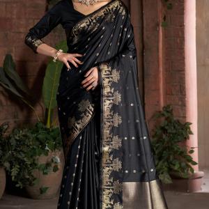 Lovely Black Pure Zari Weaving Banarasi Silk Saree With Gorgeous Blouse Piece