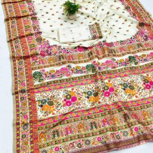 Majesty Beige Nylon Dola Pashmina Saree With Innovative Blouse Piece