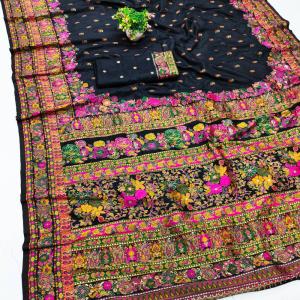Palimpsest Black Nylon Dola Pashmina Saree With Classy Blouse Piece