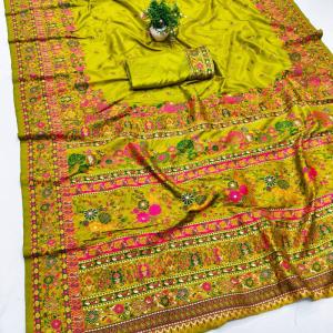 Ethnic Mehndi Nylon Dola Pashmina Saree With Quixotic Blouse Piece
