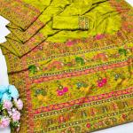 Ethnic Mehndi Nylon Dola Pashmina Saree With Quixotic Blouse Piece