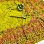 Ethnic Mehndi Nylon Dola Pashmina Saree With Quixotic Blouse Piece