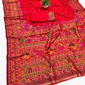 Improbable Red Nylon Dola Pashmina Saree With Sonorous Blouse Piece