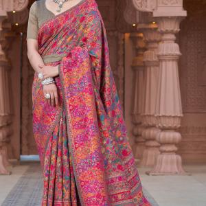 Proficient Grey Pashmina Saree With Elaborate Blouse Piece