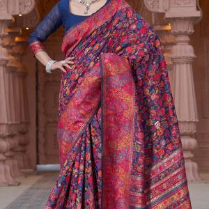 Resplendent Navy Blue Pashmina Saree With Exquisite Blouse Piece