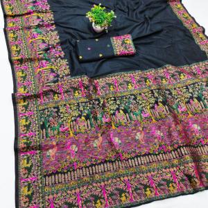 Divine Black Nylon Dola Pashmina Saree With Glowing Blouse Piece