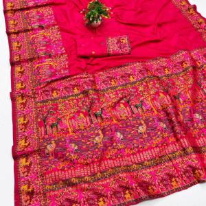 Resonant Dark Pink Nylon Dola Pashmina Saree With Profuse Blouse Piece