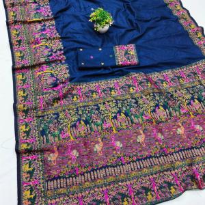 Symmetrical Navy Blue Nylon Dola Pashmina Saree With Propinquity Blouse Piece