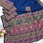 Symmetrical Navy Blue Nylon Dola Pashmina Saree With Propinquity Blouse Piece