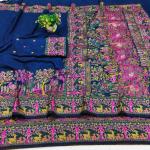 Symmetrical Navy Blue Nylon Dola Pashmina Saree With Propinquity Blouse Piece