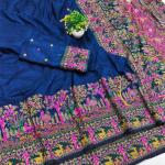 Symmetrical Navy Blue Nylon Dola Pashmina Saree With Propinquity Blouse Piece