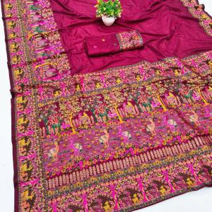 Prettiest Wine Nylon Dola Pashmina Saree With Glamorous Blouse Piece