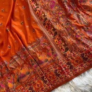 Stunning Orange Nylon Dola Pashmina Saree With Glowing Blouse Piece