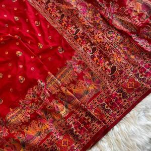 Gratifying Red Nylon Dola Pashmina Saree With Sizzling Blouse Piece