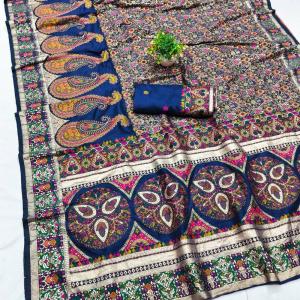 Majestic Navy Blue Nylon Dola Pashmina Saree With Angelic Blouse Piece