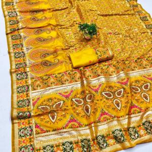 Seraphic Yellow Nylon Dola Pashmina Saree With Resplendent Blouse Piece