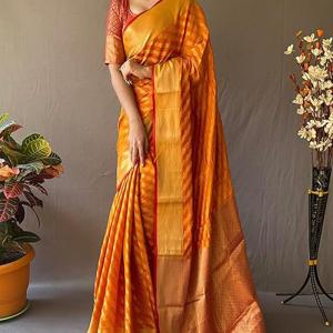 Zephyr Mustard Soft Banarasi Silk Saree With Ephemeral Blouse Piece