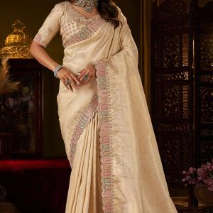 Prodigal Beige Handwork Kanjivaram Silk Saree With Winsome Blouse Piece