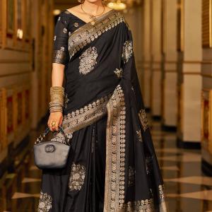 Susurrous Black Pure Zari Weaving Banarasi Silk Saree With Lassitude Blouse Piece