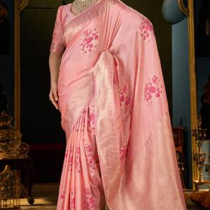 Embellished Peach Pure Zari Weaving Banarasi Silk Saree With Embrocation Blouse Piece