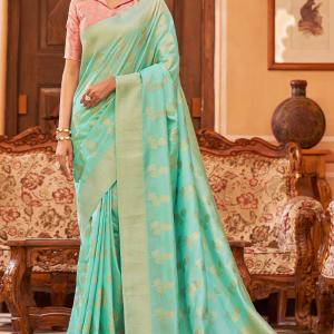 Proficient Turquoise Banarasi Satin Silk Saree With Palimpsest Blouse