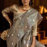 Profuse Grey Soft Banarasi Tissue Silk Saree With Radiant Blouse Piece