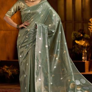 Murmurous Sea Green Soft Banarasi Tissue Silk Saree With Enticing Blouse Piece