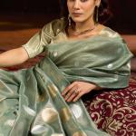 Murmurous Sea Green Soft Banarasi Tissue Silk Saree With Enticing Blouse Piece