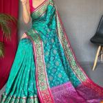 Serendipity Turquoise Patola Silk Saree with Luxuriant Blouse Piece