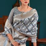 Scintillating Grey Cotton Silk Saree With Blooming Blouse Piece