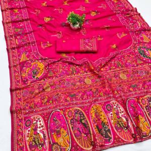 Snazzy Dark Pink Nylon Dola Pashmina Saree With Energetic Blouse Piece