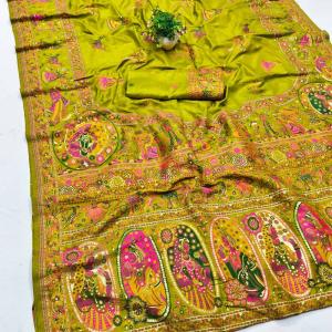 Proficient Mehndi Nylon Dola Pashmina Saree With Rhapsody Blouse Piece