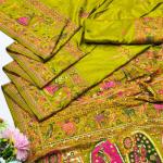 Proficient Mehndi Nylon Dola Pashmina Saree With Rhapsody Blouse Piece
