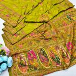 Proficient Mehndi Nylon Dola Pashmina Saree With Rhapsody Blouse Piece