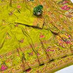 Proficient Mehndi Nylon Dola Pashmina Saree With Rhapsody Blouse Piece