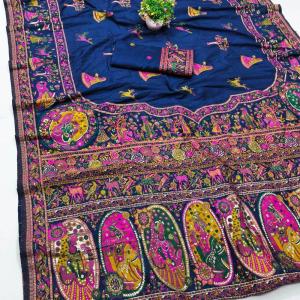 Scrumptious Navy Blue Nylon Dola Pashmina Saree With Felicitous Blouse Piece