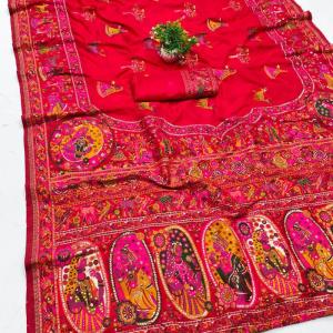 Gratifying Red Nylon Dola Pashmina Saree With Dalliance Blouse Piece