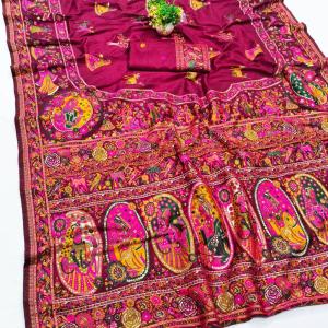 Smashing Wine Nylon Dola Pashmina Saree With Embellished Blouse Piece
