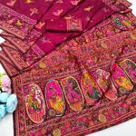 Smashing Wine Nylon Dola Pashmina Saree With Embellished Blouse Piece