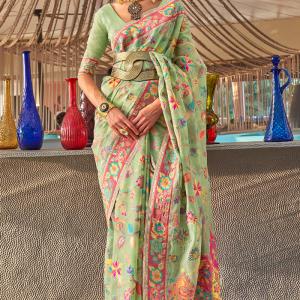 Outstanding Pista Cotton Silk Saree With Girlish Blouse Piece
