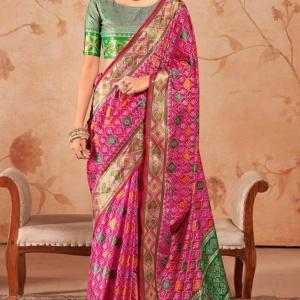 Vivacious Dark Pink Patola Silk Saree with Hypnotic Blouse Piece