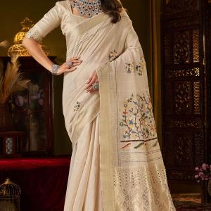 Panache Beige Handwork Linen Silk Saree With Captivating Blouse Piece