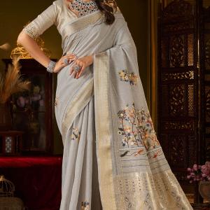 Moiety Grey Handwork Linen Silk Saree With Vivacious Blouse Piece