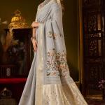 Moiety Grey Handwork Linen Silk Saree With Vivacious Blouse Piece