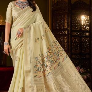 Jubilant Pista Handwork Linen Silk Saree With Classic Blouse Piece