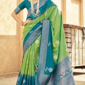 Tremendous Green Soft Banarasi Silk Saree With Epiphany Blouse Piece