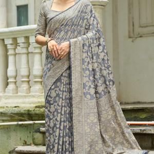Lassitude Dark Grey Lucknowi Silk Saree With Seraglio Blouse Piece