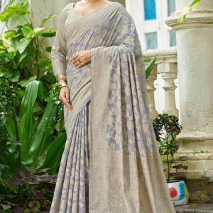 Supernal Grey Lucknowi Silk Saree With Glittering Blouse Piece