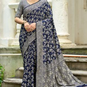 Lustrous Navy Blue Lucknowi Silk Saree With Ideal Blouse Piece