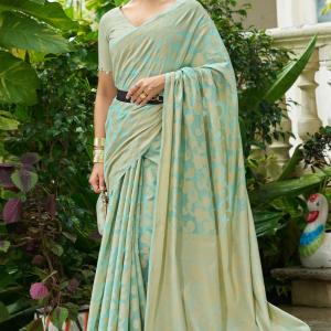 Vivacious Pista Lucknowi Silk Saree With Desultory Blouse Piece